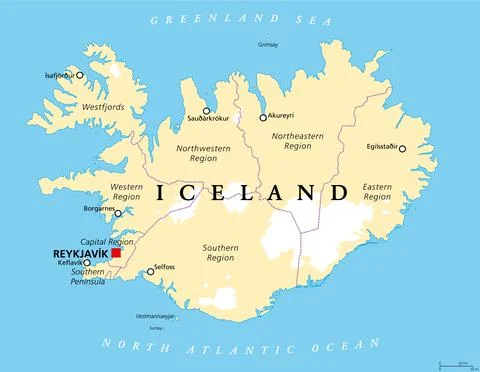 Regions of Iceland, Nordic island country, political map Stock Illustration