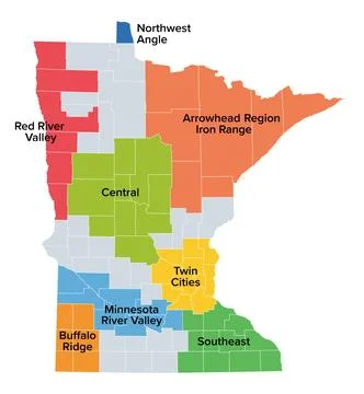 Regions of Minnesota, state in the Upper Midwest of the USA Stock Illustration
