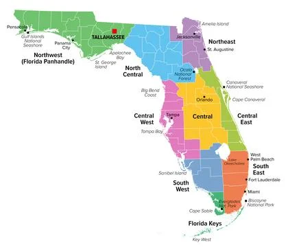Regions of U.S. state Florida, multi colored map with major cities Ilustração Stock