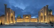 Registan Square At Dusk In Samarkand, Uzbekistan Stock Footage