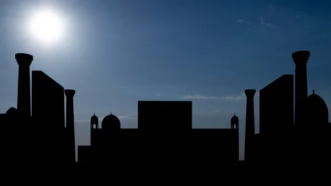 Registan Square: Time Lapse with Madrasahs in Silhouette at Sunset , Uzbekistan Stock Footage 113681459