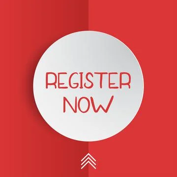 Register now badge vector isolated on red. Origami speech bubble with text Stock Illustration