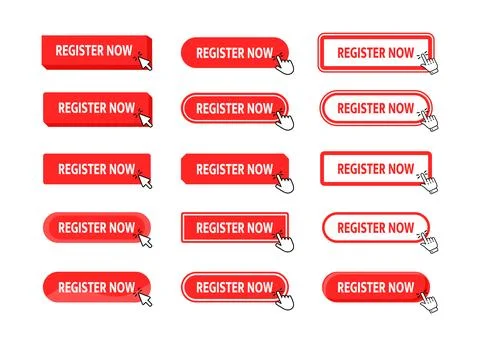 Register Now Button with pointer clicking. Web button. Finger Pressing. Click to 스톡 일러스트