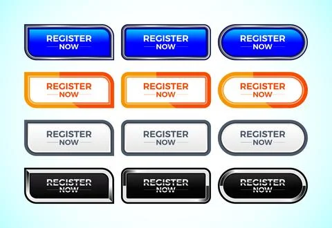 Register Now button set of different shapes and colors. Suitable for mobile.. Illustrazione stock