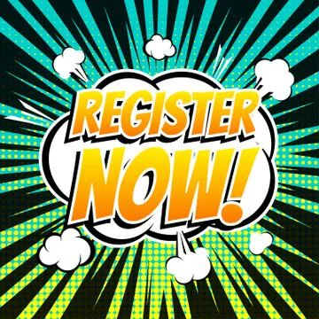 Register now comic book bubble text retro style Stock Illustration