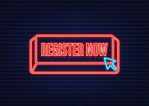 Register now with cursor button. Internet neon icon. Pointer click icon. Vector イラスト素材