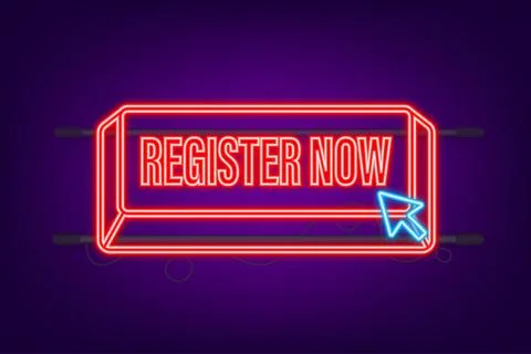 Register now with cursor button. Internet neon icon. Pointer click icon. Vector Stock Illustration