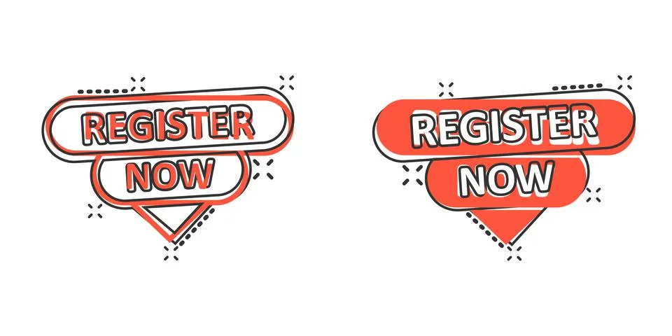 Register now icon in comic style. Registration cartoon vector illustration on Stock Illustration
