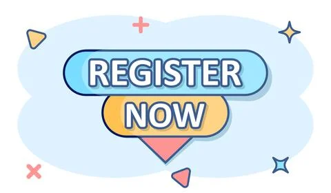 Register now icon in comic style. Registration cartoon vector illustration .. Stock Illustration