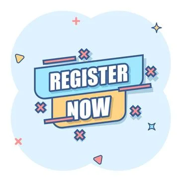 Register now icon in comic style. Registration cartoon vector illustration .. Stock Illustration