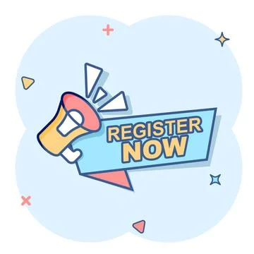 Register now icon in comic style. Registration cartoon vector illustration .. Stock Illustration