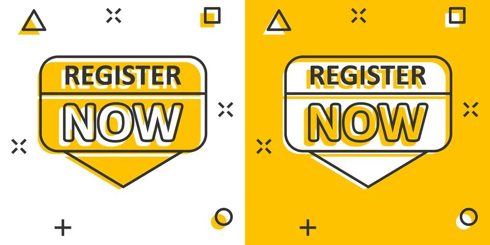 Register now icon in comic style. Registration cartoon vector illustration .. Stock Illustration