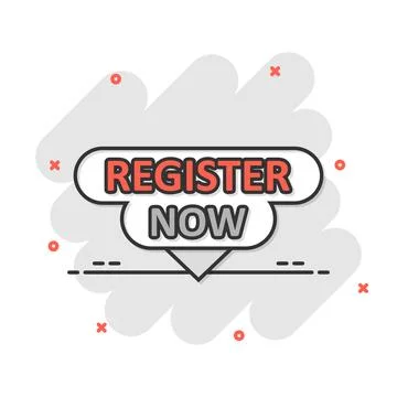 Register now icon in comic style. Registration cartoon vector illustration .. Stock Illustration