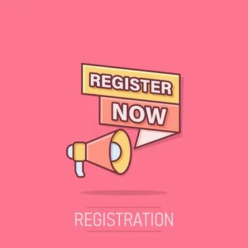 Register now icon in comic style. Registration cartoon vector illustration .. Stock Illustration