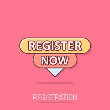 Register now icon in comic style. Registration cartoon vector illustration .. Stock Illustration