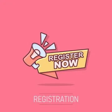 Register now icon in comic style. Registration cartoon vector illustration .. Stock Illustration