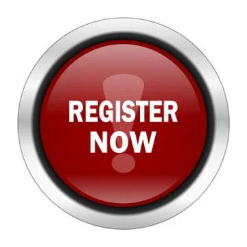 Register now icon, red round button isolated on white background, web design  Stock Illustration