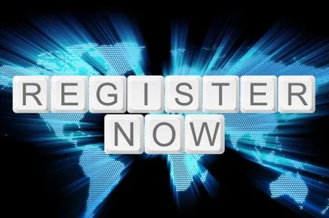 Register now keyboard button with world background Stock Illustration