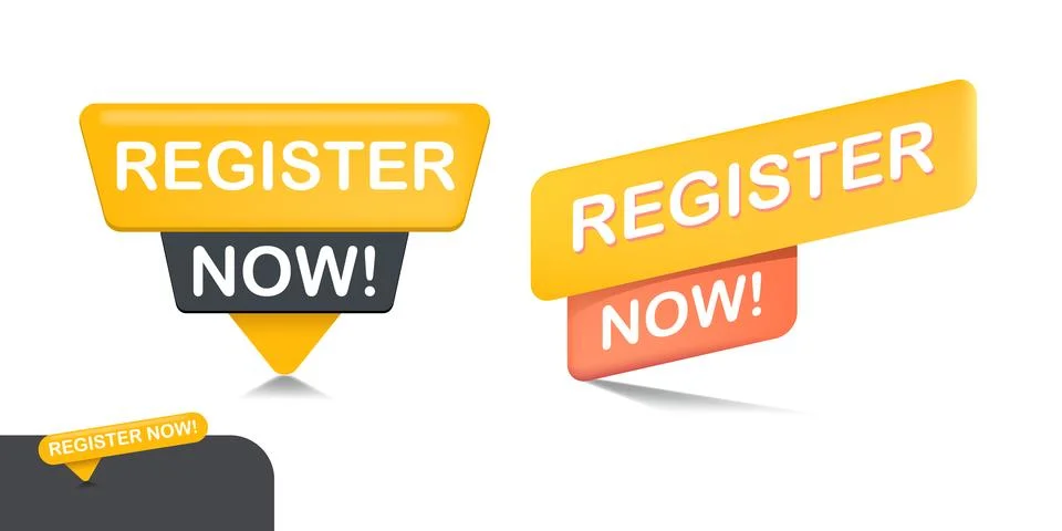 Register now label set isolated on whit background. Register now speech bubble Stock Illustration