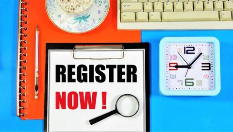 Register now. The text header in the planning folder. Stock Photos