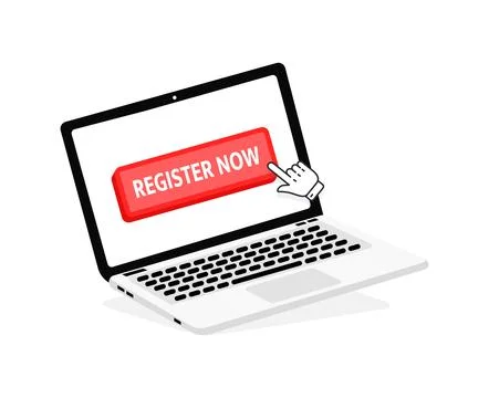 Register Now text on Laptop screen with a red button . Button with pointer Ilustração Stock