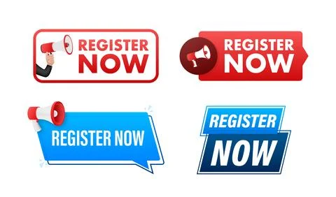Register now text with Megaphone label set. Megaphone in hand promotion banner Иллюстрация