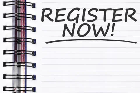 Register now words on spring note book Foto stock