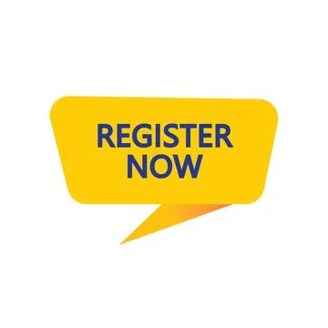 Register Now - Yellow Speech Bubble. Button, Sign, Label, Icon, Tag, Badge. Illustrazione stock