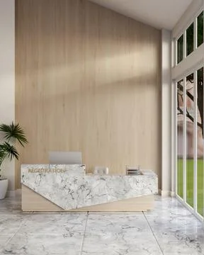 Register reception counter on marble tiles floor aside wooden wall and glas.. Stock Illustration