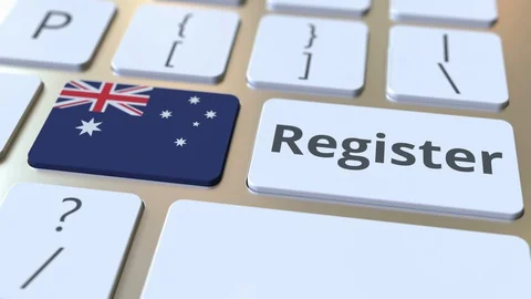 Register text and flag of Australia on the keyboard. Online services related 3D Stock Footage 127636817