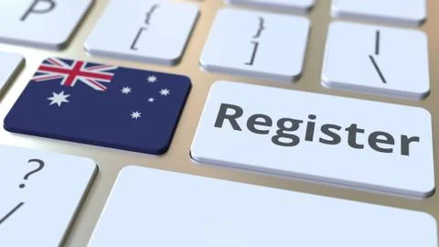 Register text and flag of Australia on the keyboard. Online services related 3D Illustrazione stock