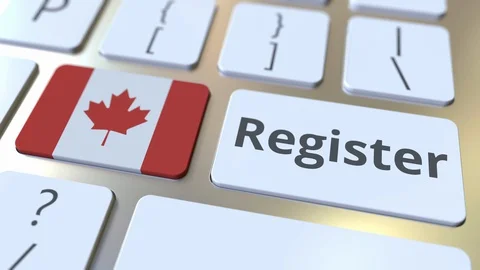 Register text and flag of Canada on the keyboard. Online services related 3D Stock Footage 127719028