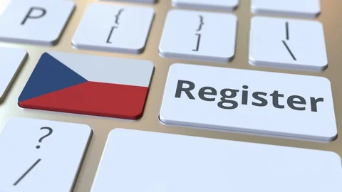 Register text and flag of the Czech Republic on the keyboard. Online services Stock Footage 127636218