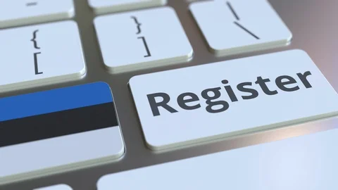 Register text and flag of Estonia on the keyboard. Online services related 3D Stock Footage 127783510