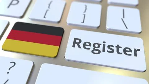 Register text and flag of Gemany on the keyboard. Online services related 3D Stock Illustration