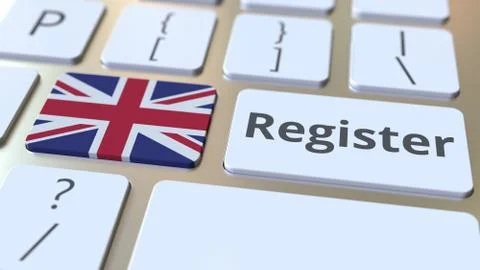 Register text and flag of Great Britain on the keyboard. Online services related Stock Illustration