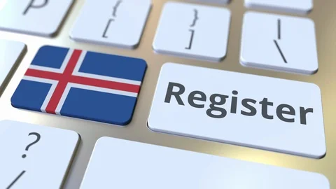 Register text and flag of Iceland on the keyboard. Online services related 3D Stock Footage 127784586