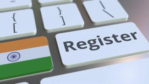 Register text and flag of India on the keyboard. Online services related 3D 스톡 일러스트