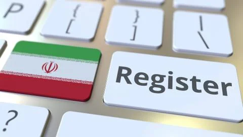 Register text and flag of Iran on the keyboard. Online services related 3D 스톡 일러스트
