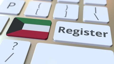 Register text and flag of Kuwait on the keyboard. Online services related 3D Stock Illustration