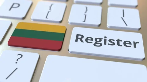 Register text and flag of Lithuania on the keyboard. Online services related 3D Stock Footage 127781906