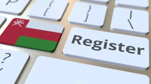 Register text and flag of Oman on the keyboard. Online services related 3D 库存插图