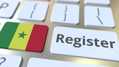 Register text and flag of Senegal on the keyboard. Online services related 3D 库存插图