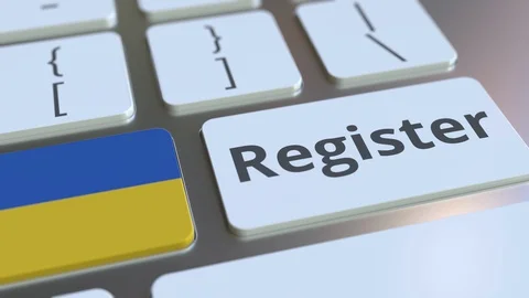 Register text and flag of Ukraine on the keyboard. Online services related 3D Stock Footage 127660969