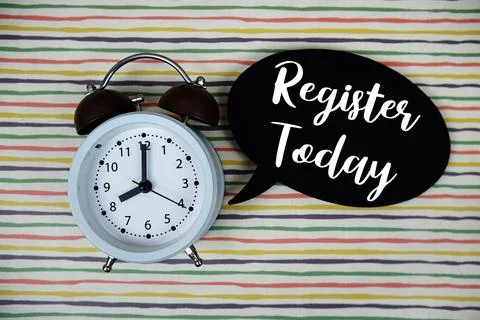 Register Today text on speech bubble with alarm clock on colorful stripes b.. Stock Photos