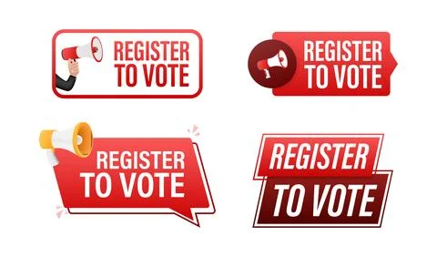 Register to vote text with Megaphone label set. Megaphone in hand promotion Ilustración de archivo