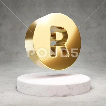 Registered icon. Shiny golden Recycle symbol on white marble podium. Stock Illustration