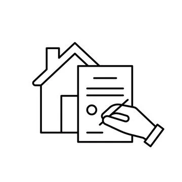 Registration and signing of document for purchase of house, line icon. Mortgage Ilustração Stock