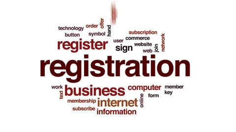 Registration animated word cloud, text design animation. Stock Footage 77649224
