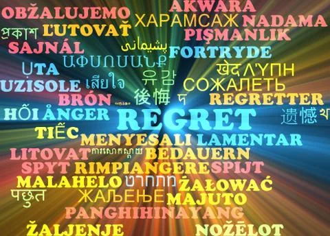 Regret multilanguage wordcloud background concept glowing Illustrazione stock